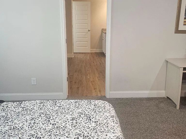 Carpeted bedroom with neutral walls, comfortable sleeping area, and convenient access to an adjacent hallway/bath area.