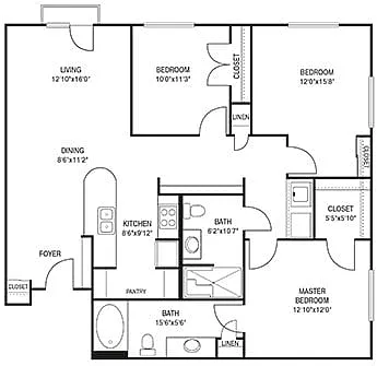 Floor plan Traditional 3x2 1275 SF