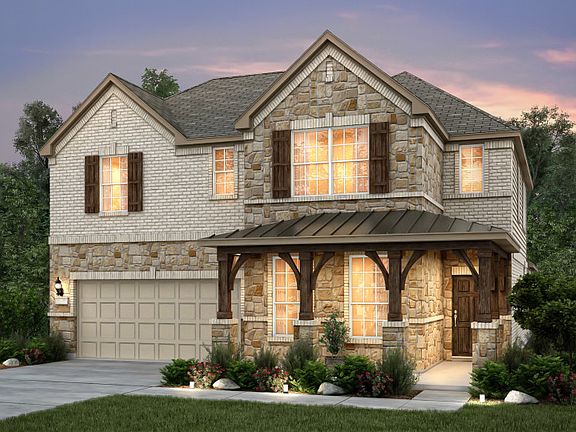 Exterior D with shutters, stone, covered front porch, and 2-car garage