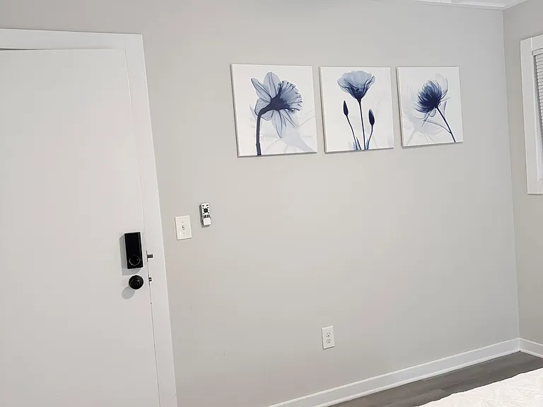 Bedroom with durable wood-look flooring, ceiling fan, and clean neutral walls accented by tasteful artwork.