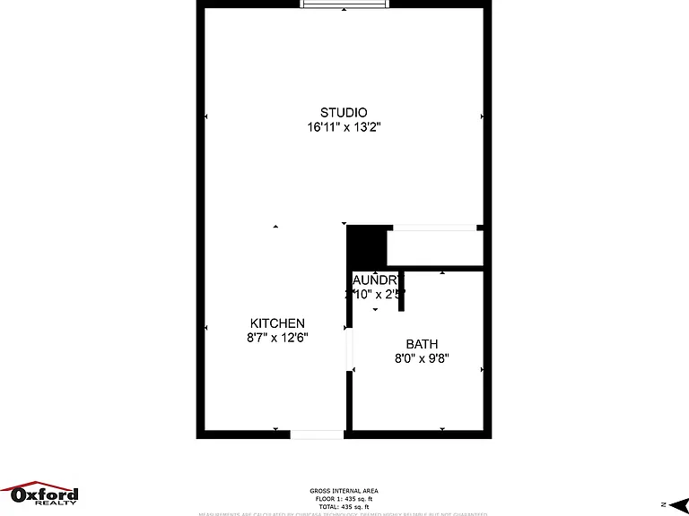 Modern studio apartment floor plan showcasing a spacious studio area, efficient kitchen, and convenient bath layout by Oxford Realty, 435 sq ft. Modern studio apartment floor plan showcasing a spacious studio area, efficient kitchen, and convenient bath l