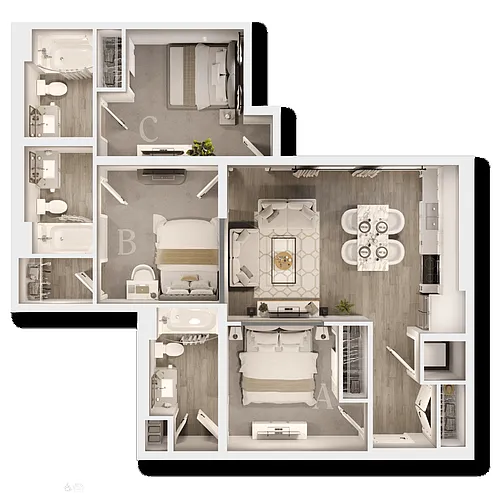 Floor plan Three Bedroom C - IU Bloomington 2027 - 2028