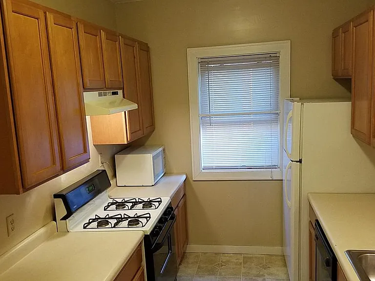 Kitchen (gas) stove has a lighted rangehood.