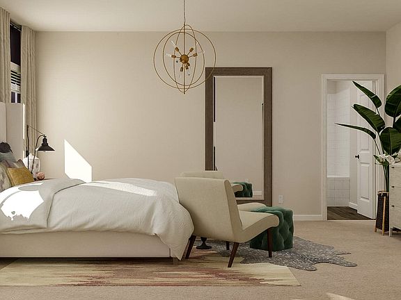 Rendering of a master bedroom with a private bathroom attached.