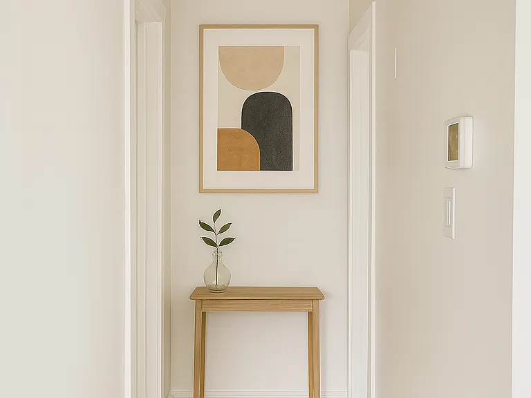 Digital rendering of the hallway from the kitchen/living room down to the bathroom and two bedrooms.