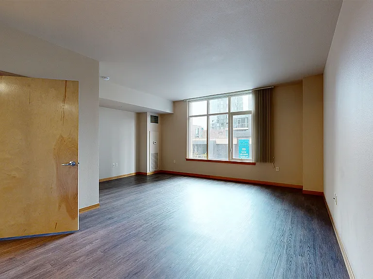 Apartment living room with wood-style flooring.