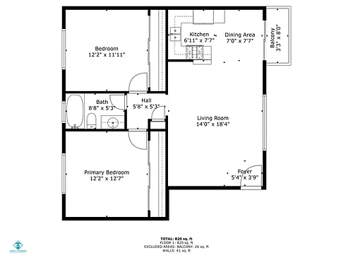 Floor plan 2 Bed 1 Bath w/ balco(larger layout)
