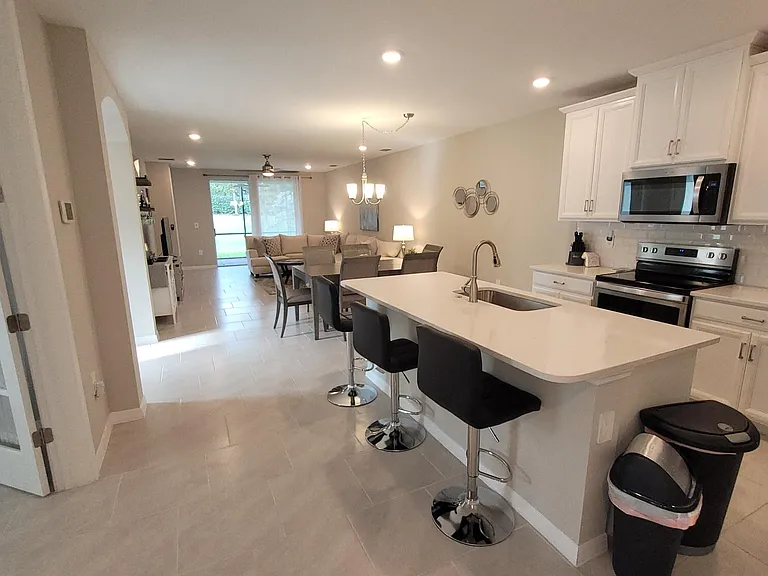 Open kitchen, dining area, living room