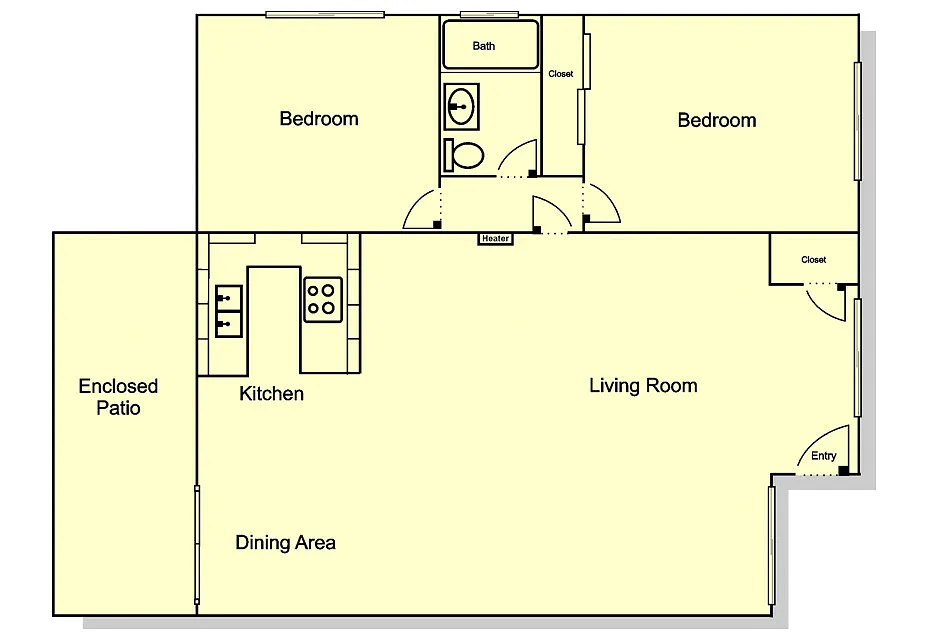 Floor plan 2 Bedroom, 1 Bath (Large) w/Patio