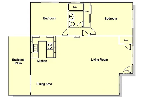 Floor plan 2 Bedroom, 1 Bath w/ Patio
