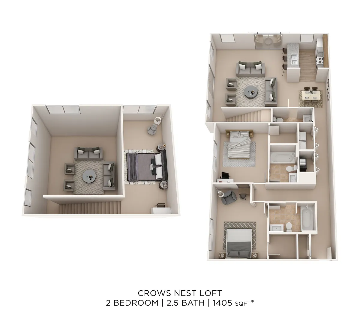 Floor plan Two Bedroom 2.5 Bath Townhome- 1405 sqft