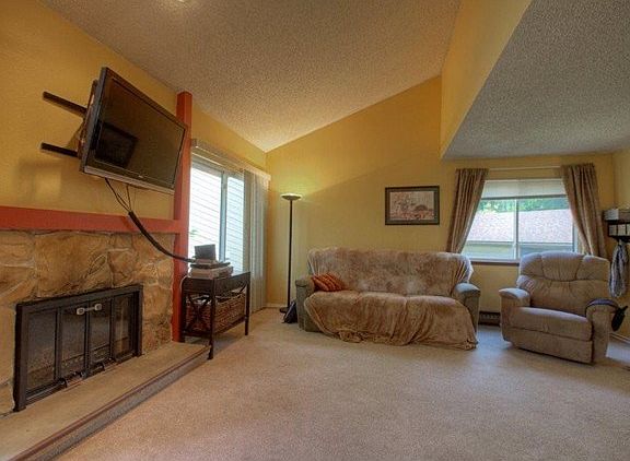 Large living room with vaulted ceilings and a wood burning firep