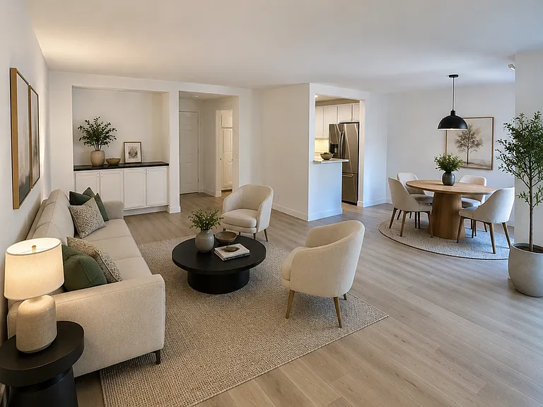 Large living room with dining area on the right off the kitchen and off the balcony.