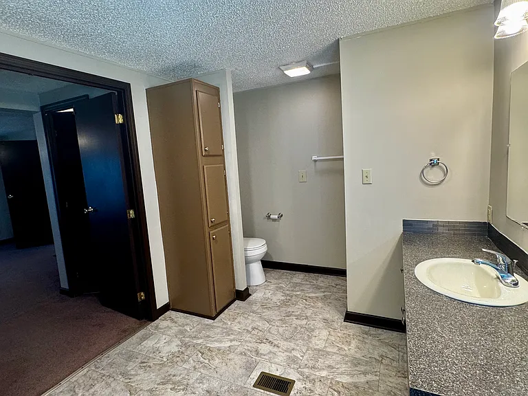 Master bedroom bathroom facing toilet and linen cabinets
