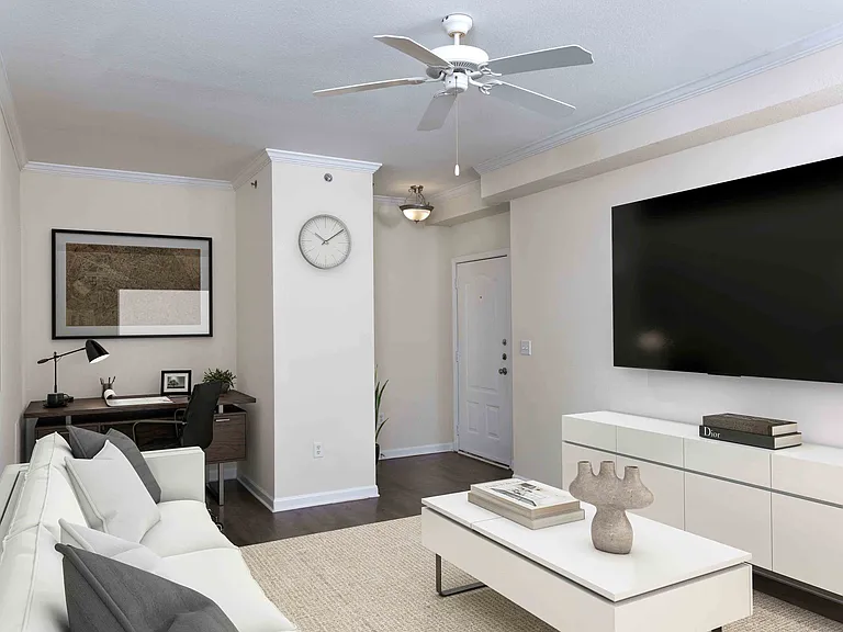 Spacious living room with home office space