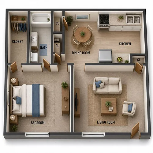 Floor plan One Bedroom B Garden