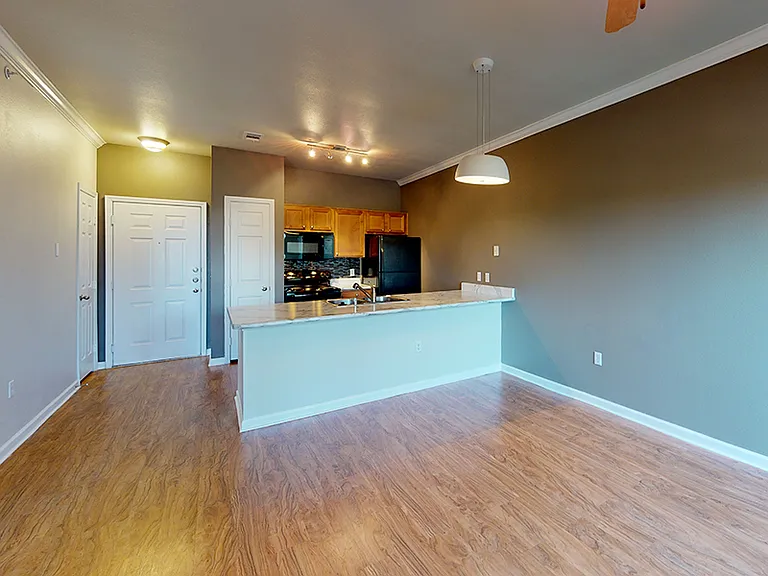 Apartment kitchen with marble countertops and wood-style flooring.