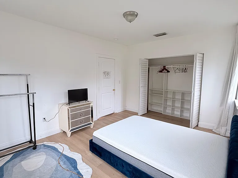 Spacious bedroom with wood-look flooring, large closet with built-in shelving, and a window with curtains for natural light.