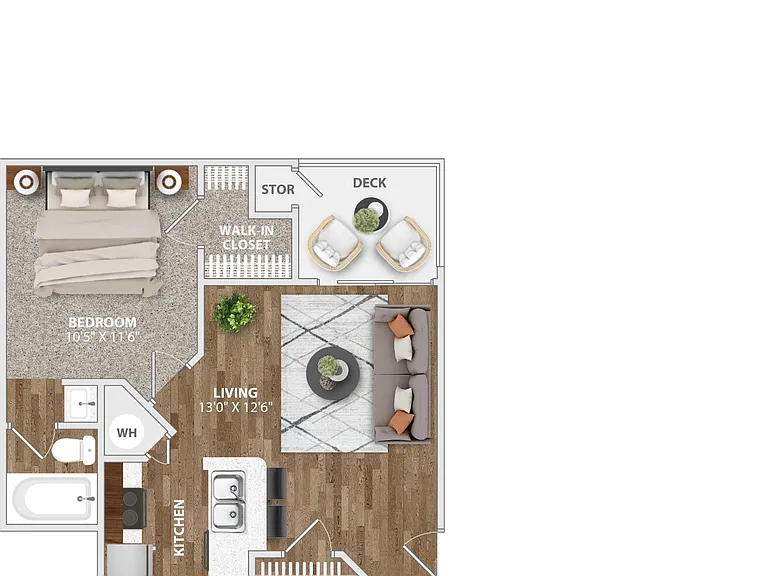 One bedroom layout with open living area and standard storage
