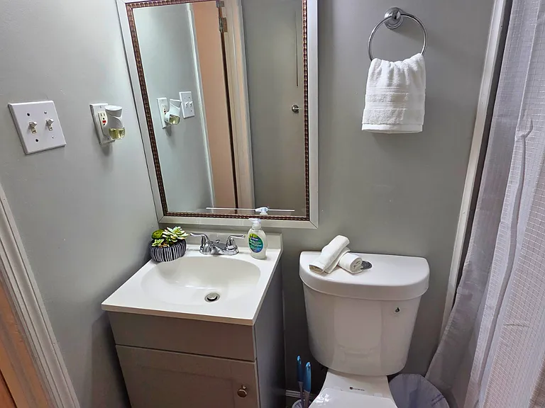 Impeccable bathroom with shower, sink, mirror, and toilet