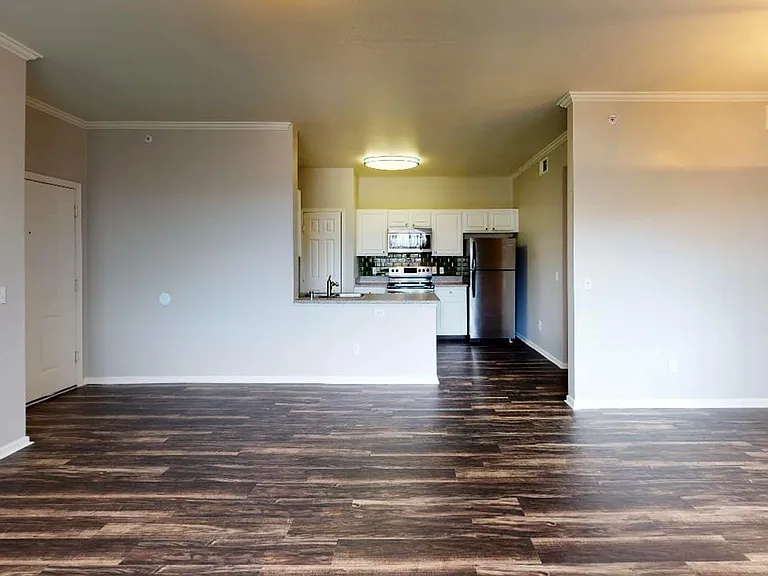Apartment kitchen with stainless steel appliances, dining and living room with wood-style flooring.