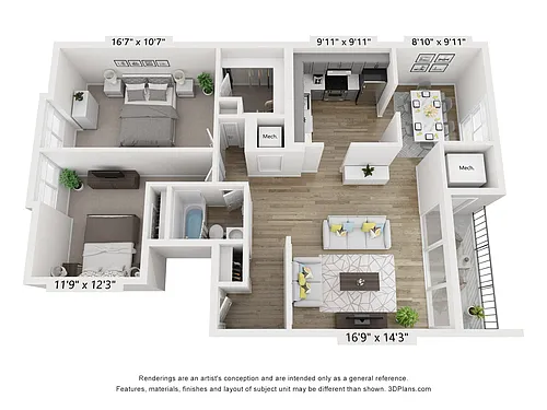 Floor plan C - 2BR 1BA (980sf)