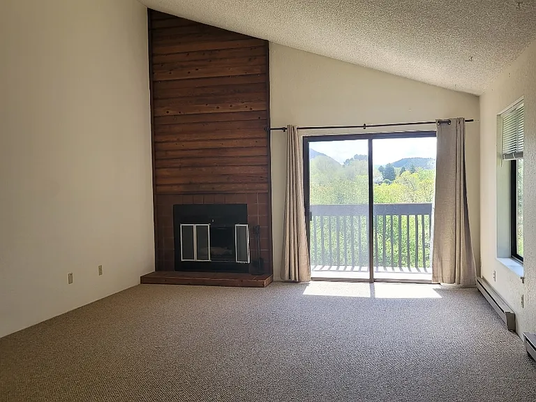 Woodburning fireplace and deck with views of the Roaring Fork River and Mt. Sopris