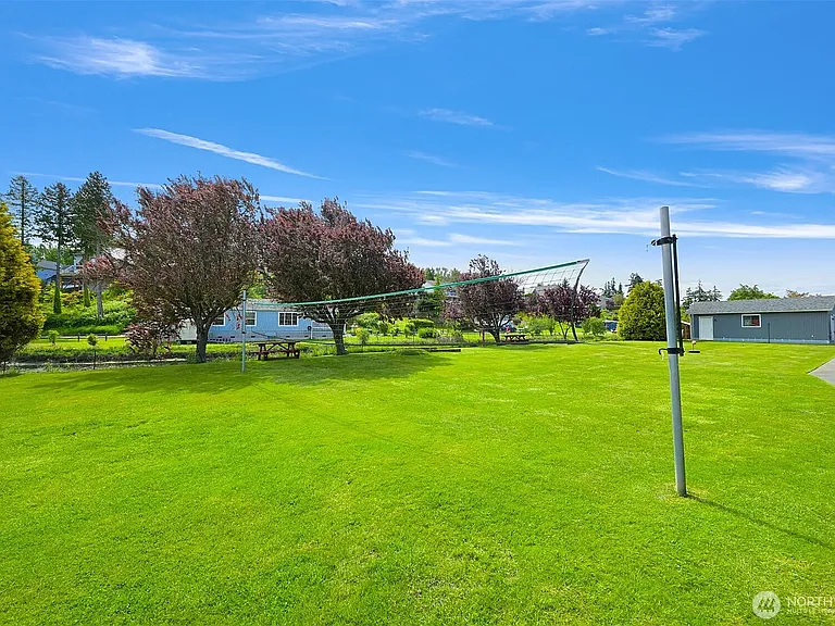 The spacious lawn with a net for games.