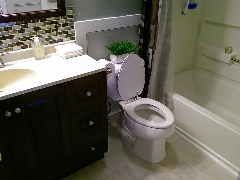 single espresso vanity master bathroom with terrazzo tile, d