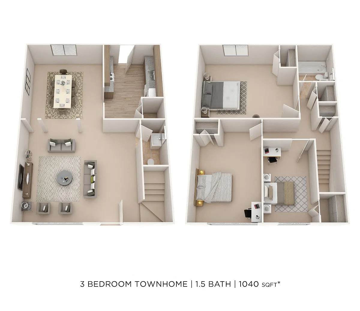 Floor plan Three Bedroom 1.5 Bath Townhome - 1,040 sqft