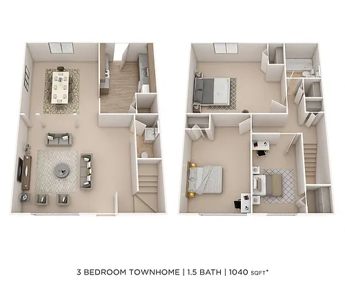 Floor plan Three Bedroom 1.5 Bath Townhome - 1,040 sqft