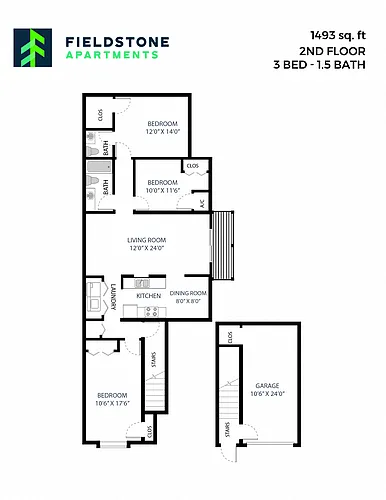 Floor plan 3 Bed, 1.5 Bath - 1,493 sq ft