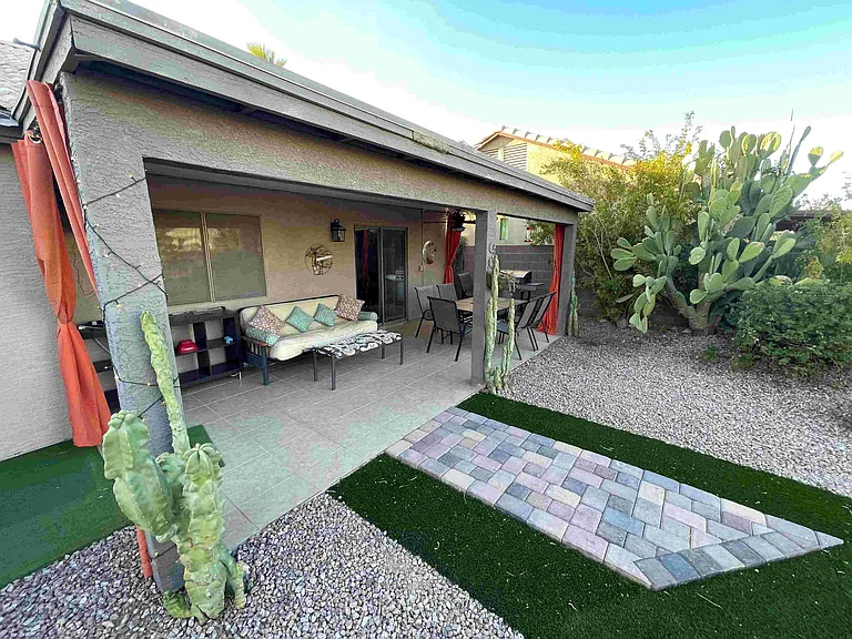Cover patio with pull out fouton to sleep under the covered patio or watch TV here on the... 4th Tv on the property or dine at the tiled table for 6+ folks! There is alot to enjoy here plus close to the swimming pool/spa and golfing!