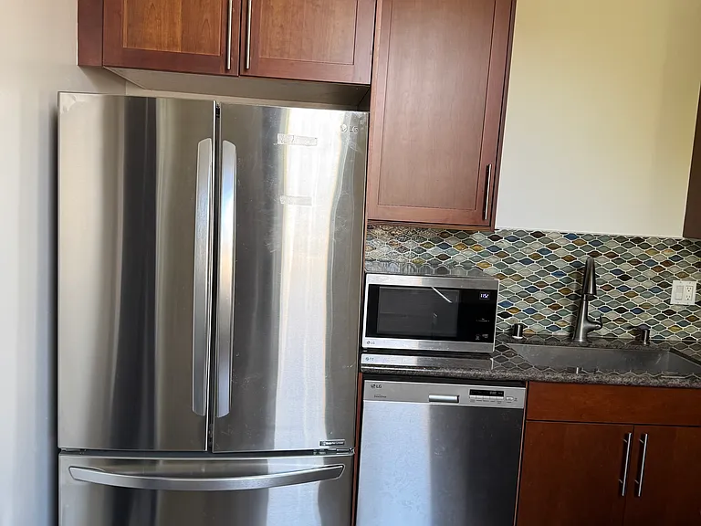 Kitchen with large LG refrigerator, dishwasher and microwave
