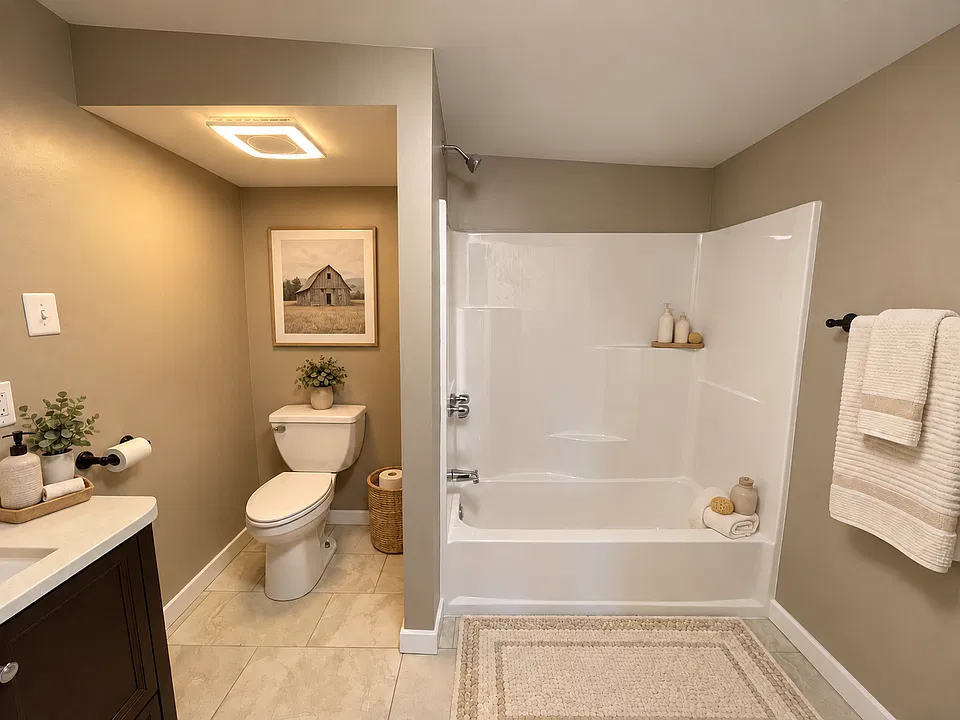 The second of two full bathrooms offers plenty of space to relax and refresh, with a full tub and shower, generous vanity area, and warm neutral finishes.