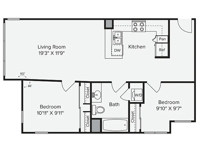Floor plan 2 Bed 1 Bath - 2C-1