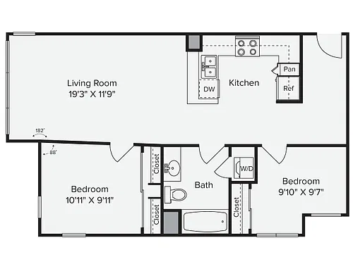 Floor plan 2 Bed 1 Bath - 2C-1