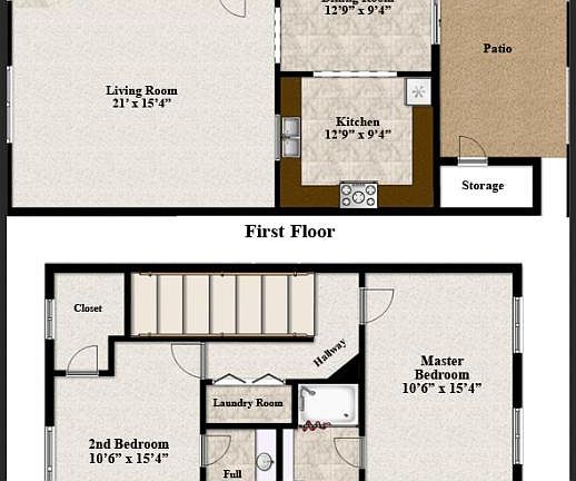 In two-bedroom townhome, both have a full bath inside. The downstairs is an open floor plan. The 3-bedroom - the second bedroom is divided in two with 2 closets and the bathroom is on the outside