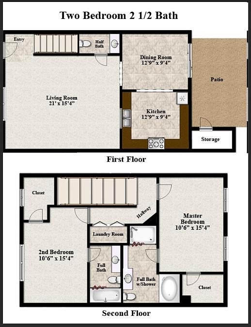 In two-bedroom townhome, both have a full bath inside. The downstairs is an open floor plan. The 3-bedroom - the second bedroom is divided in two with 2 closets and the bathroom is on the outside