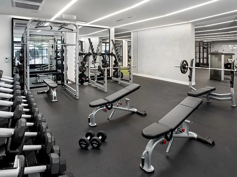 Weight stations at the club-quality fitness center