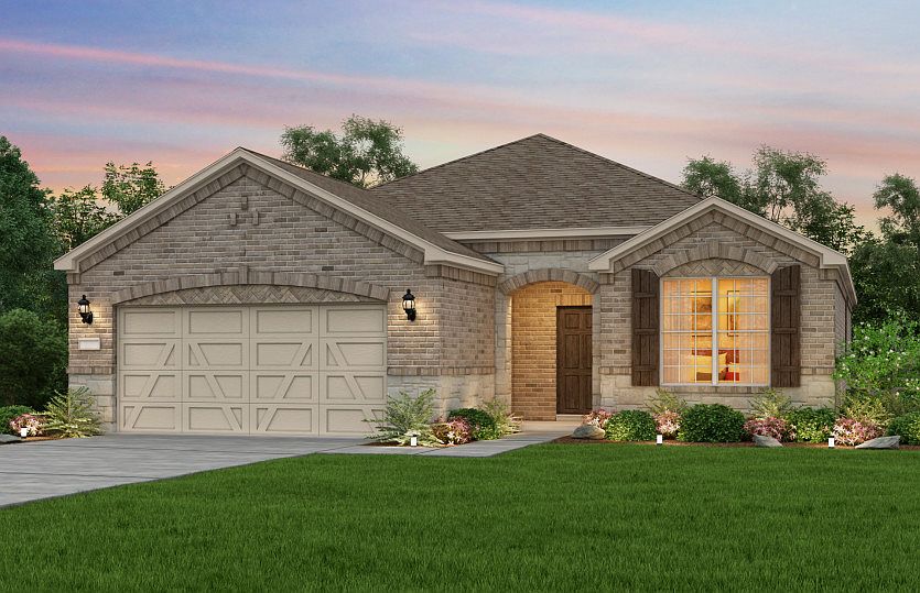 Exterior D, the Martin Ray with stone accents, shutters, and 2-car garage
