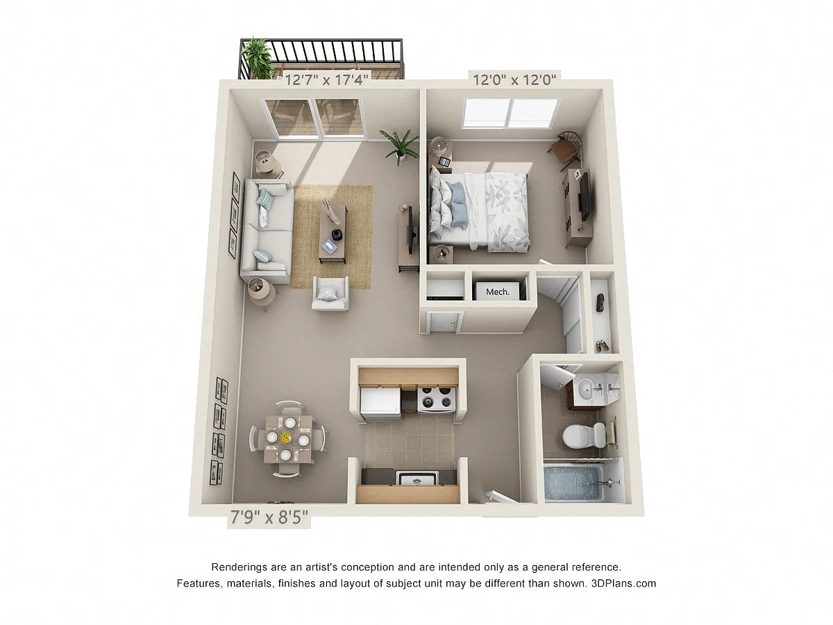 Floor plan 1 Bedroom, 1 Bath 652 B (Balcony)