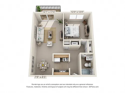 Floor plan 1 Bedroom, 1 Bath 652 B (Balcony)