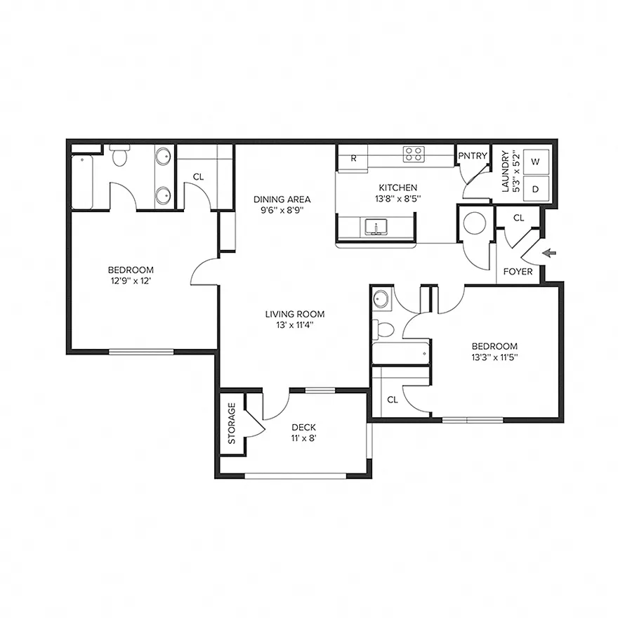 Floor plan 2BR 2BA (1071 SF)
