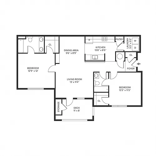 Floor plan 2BR 2BA (1071 SF)