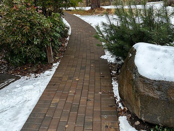 Walkway from driveway is cleared by landscape crew