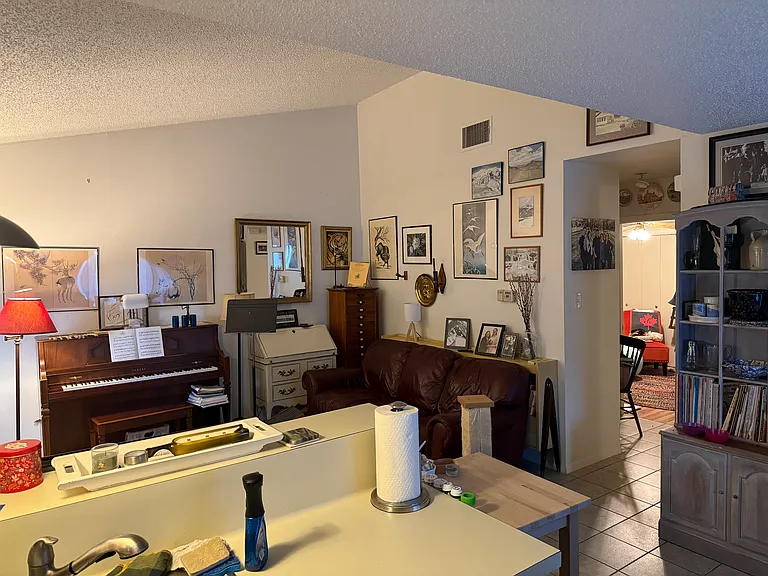 View from kitchen into living room towards bedrooms.