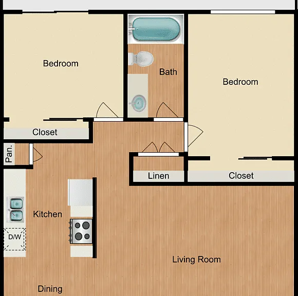 2 Bed 1 Bath A Floorplan Diagram