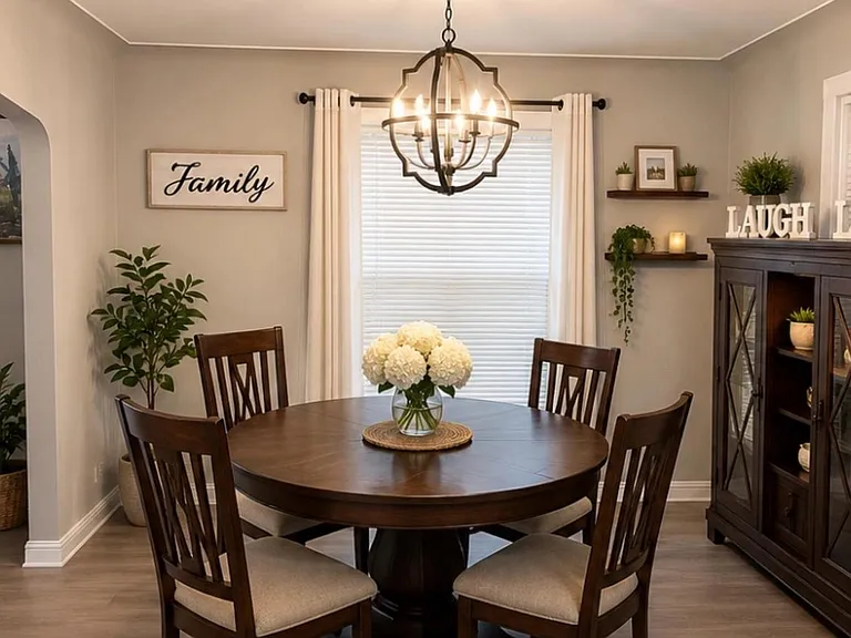 Dedicated dining area with a round table for four, overhead chandelier, and nearby storage cabinet for dishes and serveware.