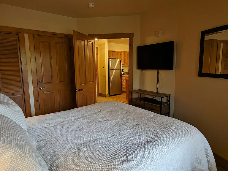 Two closets for storage, and a second smart TV.